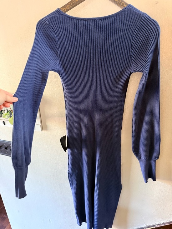 Lulu's Slate Blue Ribbed V-Neck Drawstring Midi Dress - Picture 12 of 12